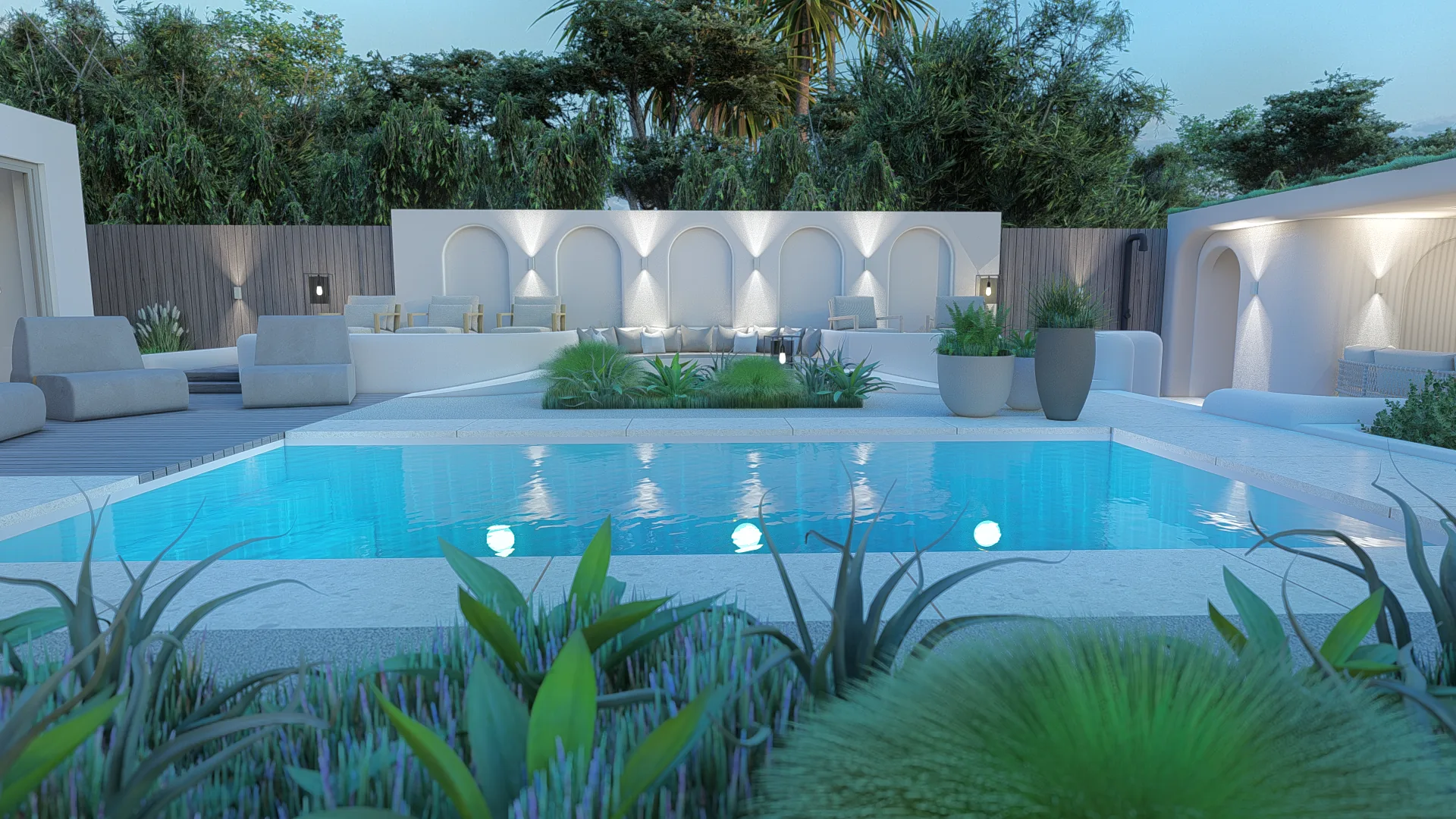 Exclusieve villatuin met loungeterras en sfeerverlichting in Blaricum